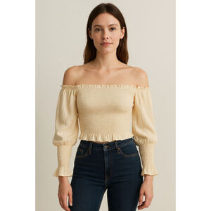 Women’s Off-Shoulder Smocked Peasant Top – Cream Beige XS